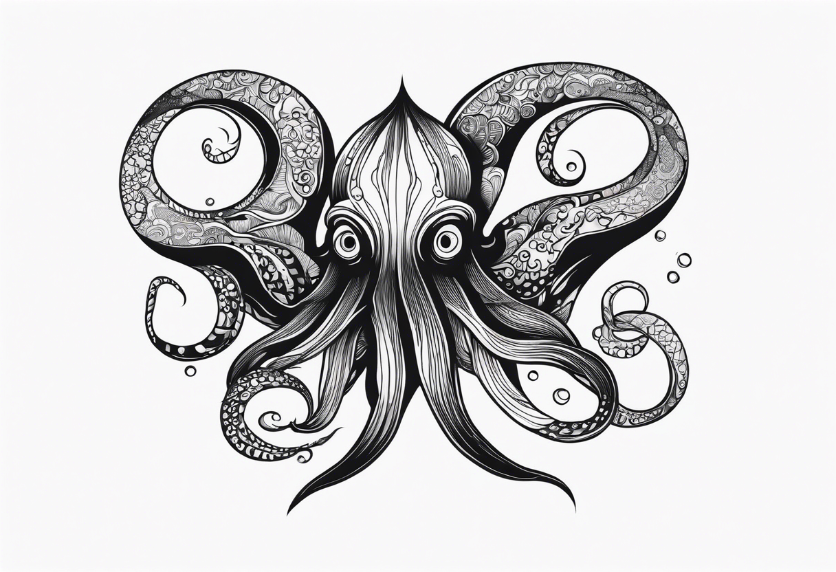 The horrifying squid hides itself in ink and turns the color of its body to black to blend into the sea tattoo idea