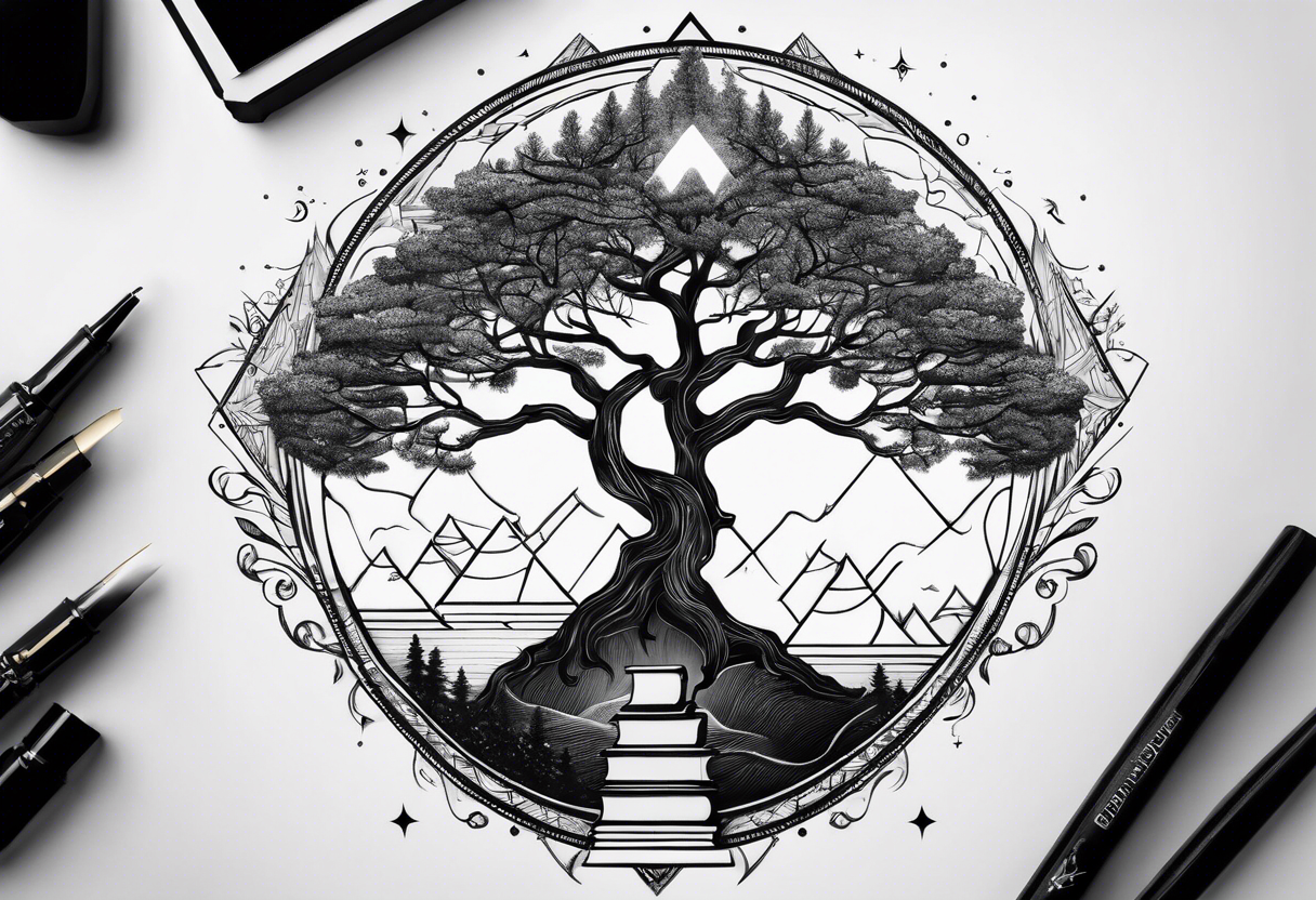 tree growing from book  triangle portals floating above it tattoo idea