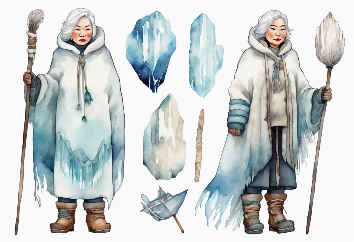 a middle aged Inuit woman with white hair, wearing mittens, mukluks, and a white cloak. Holding a white staff. Standing on an iceberg alone tattoo idea