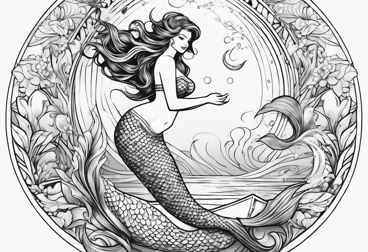 Mermaid full body, curvy, one arm up in the air, smiling tattoo idea