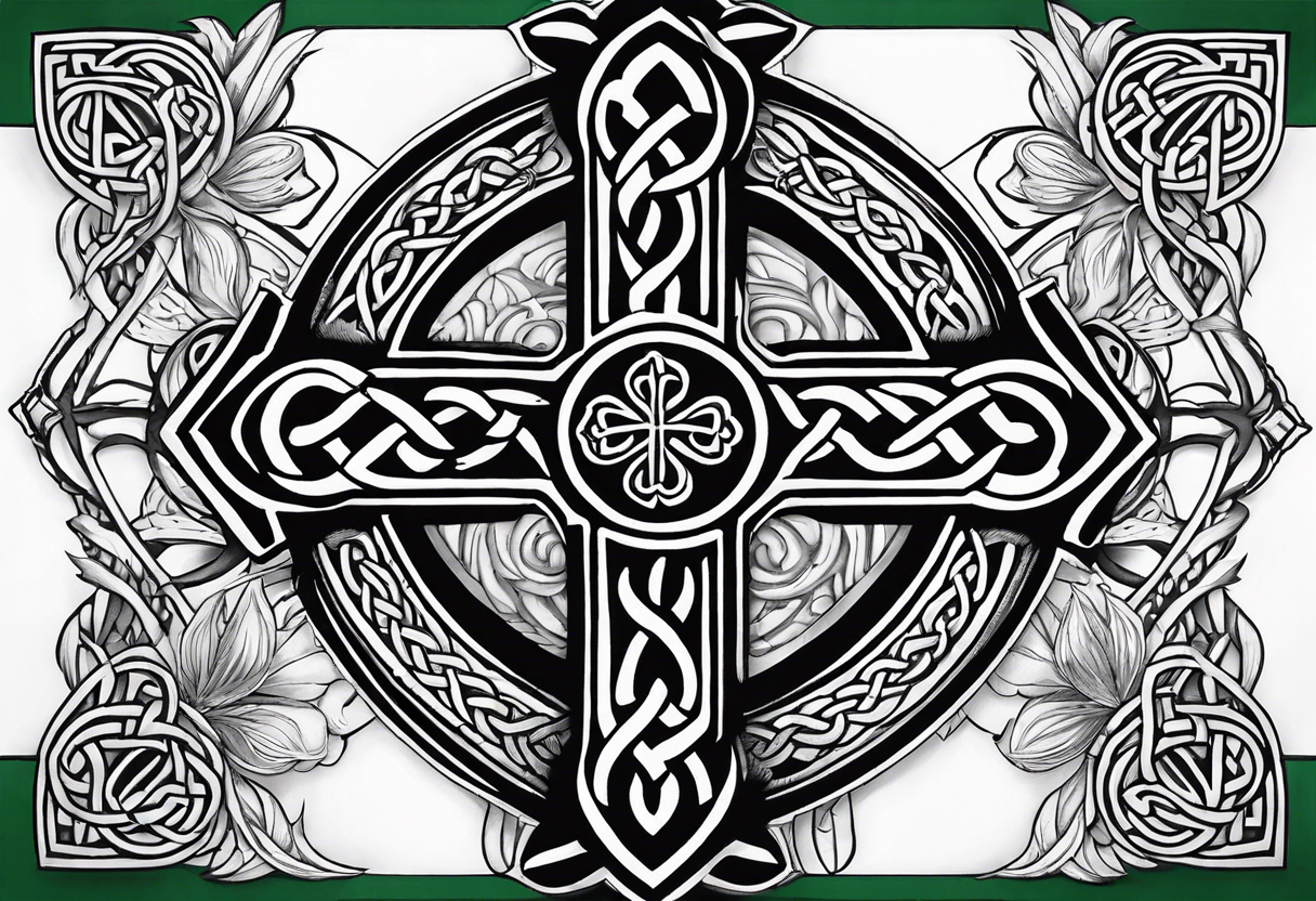 Celtic cross, shamrock in center of cross, one Indian feather hanging from each side arm of cross tattoo idea