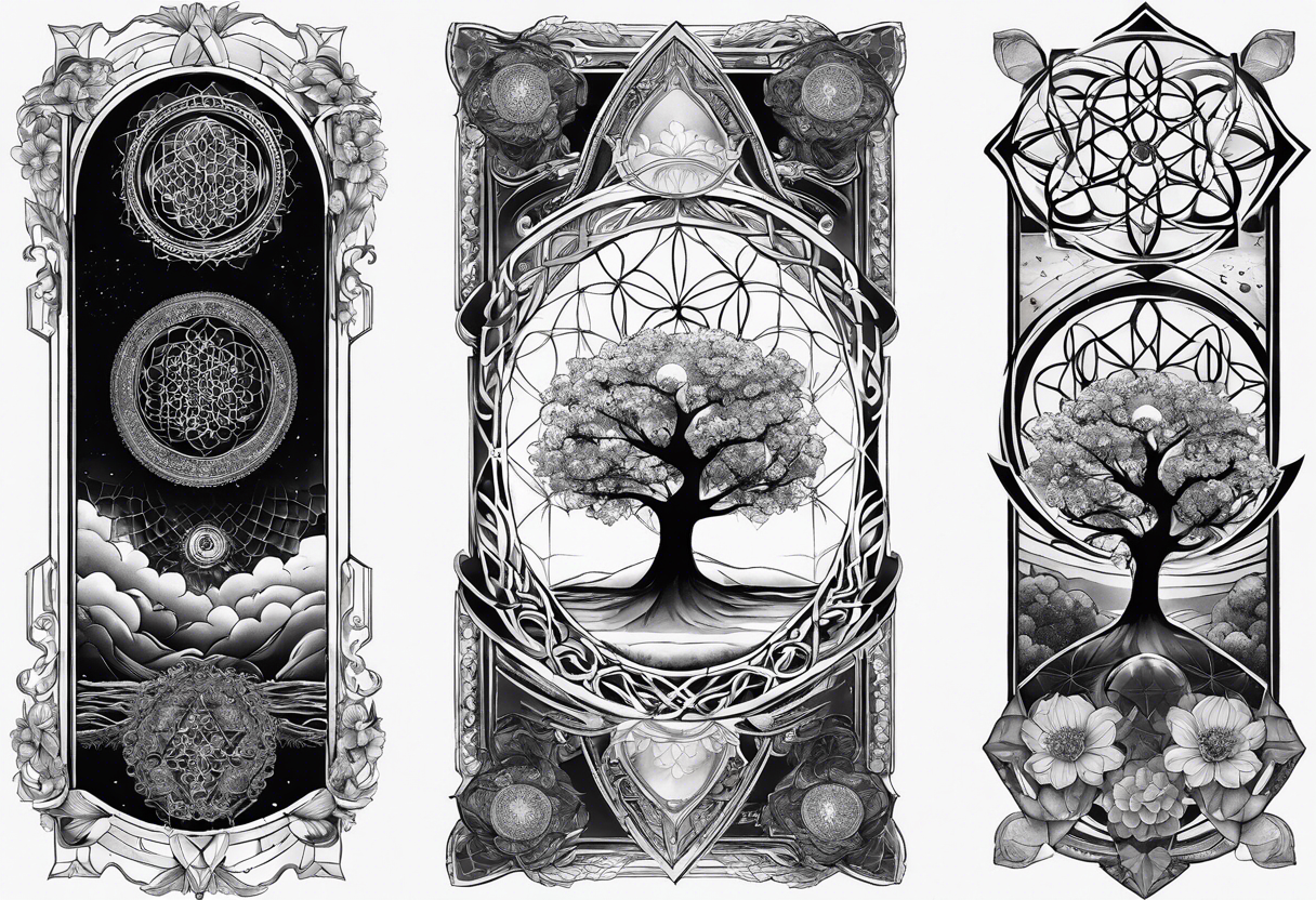 sleeve tattoo for women with symbols of sacred geometry: Metatron's cube, Kabbalah tree of life, flower of life tattoo idea