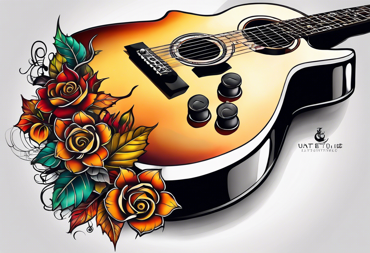 thigh tattoo with fall colors music symbols and a guitar tattoo idea