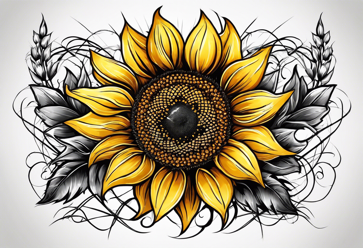 Sunflower, wheat, and barbed wire half sleeve tattoo idea