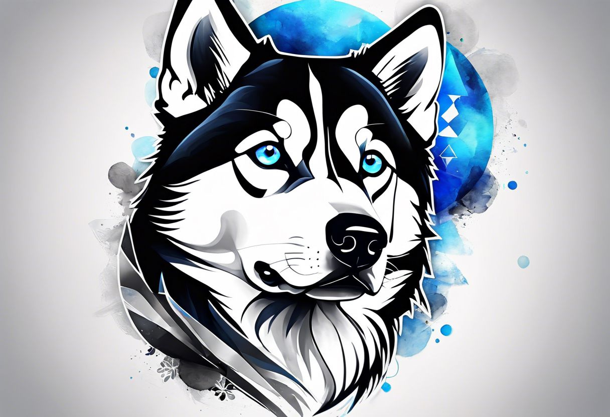 Thigh piece. A black and white Siberian husky with blue eyes. The face should be split in half with one half watercolor and one half geometric. tattoo idea