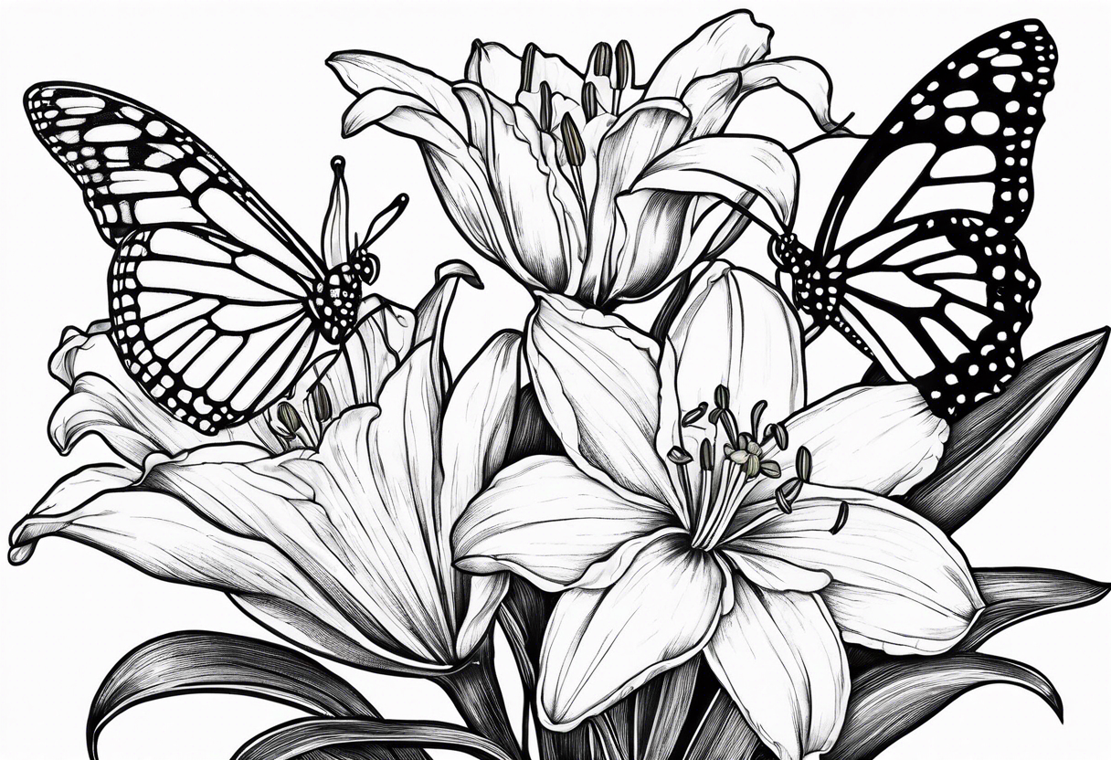 Fine line 
lily daisy and daffodil bouquet with butterfly 6-8 inches bi tattoo idea