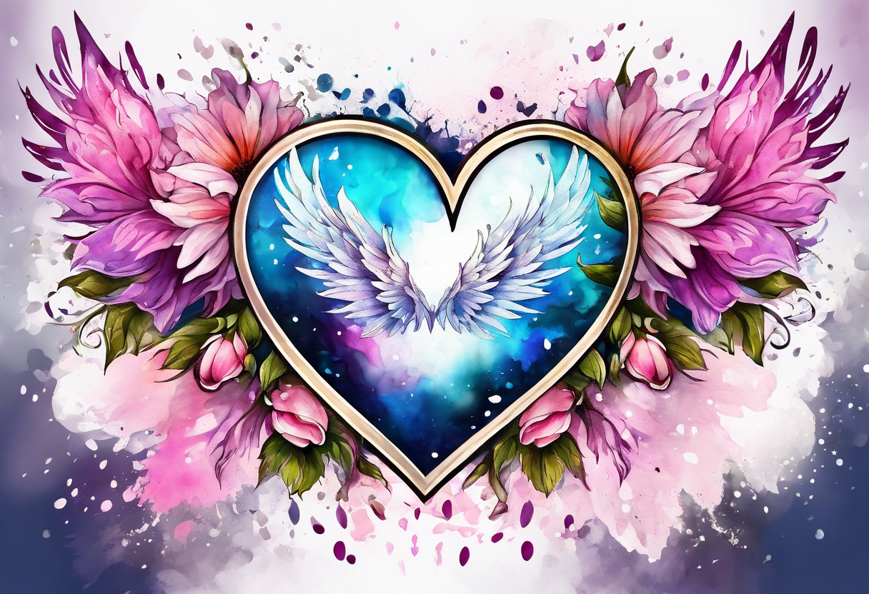 Flowers around a heart with angel wings with pink splatter water color background tattoo idea