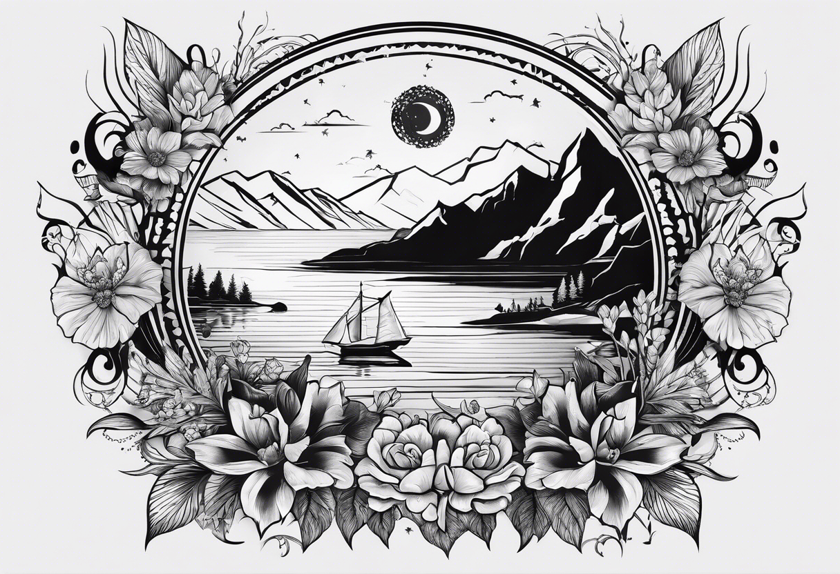 A tattoo with the word "HARK" include images related to rock climbing, traveling, and lakes. Do not include flowers. tattoo idea