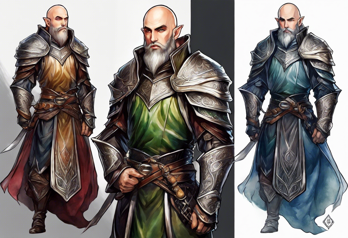 a full-body picture of a human elf, bearded bald male, paladin, from a distance tattoo idea