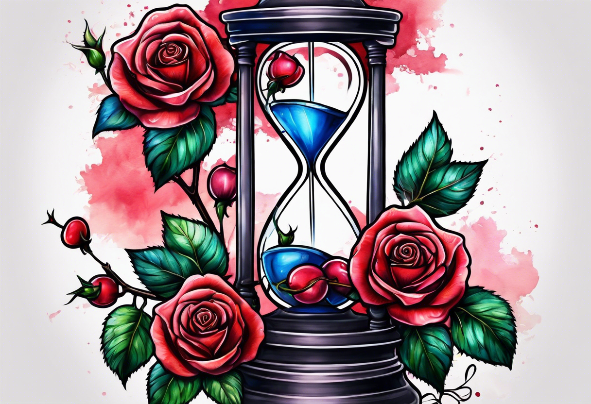 Rose beside hourglass with cherry tree tattoo idea