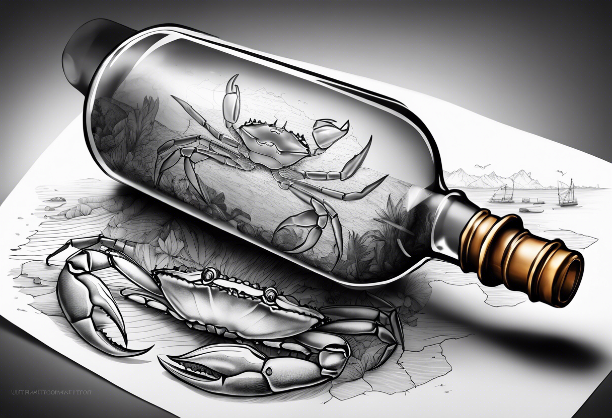 A message in a bottle. Rolled up map inside the bottle. crab outside protecting the bottle. tattoo idea