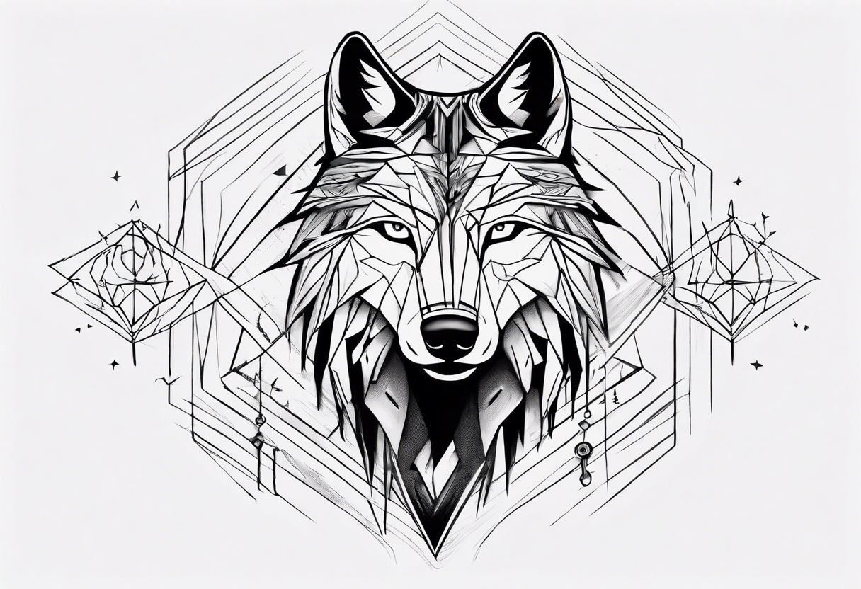 Wolf's face with geometric patterns flowing from it along with impressions of trees, a forest. It should be shaped to fit on a forearm (longer than it is wide) tattoo idea