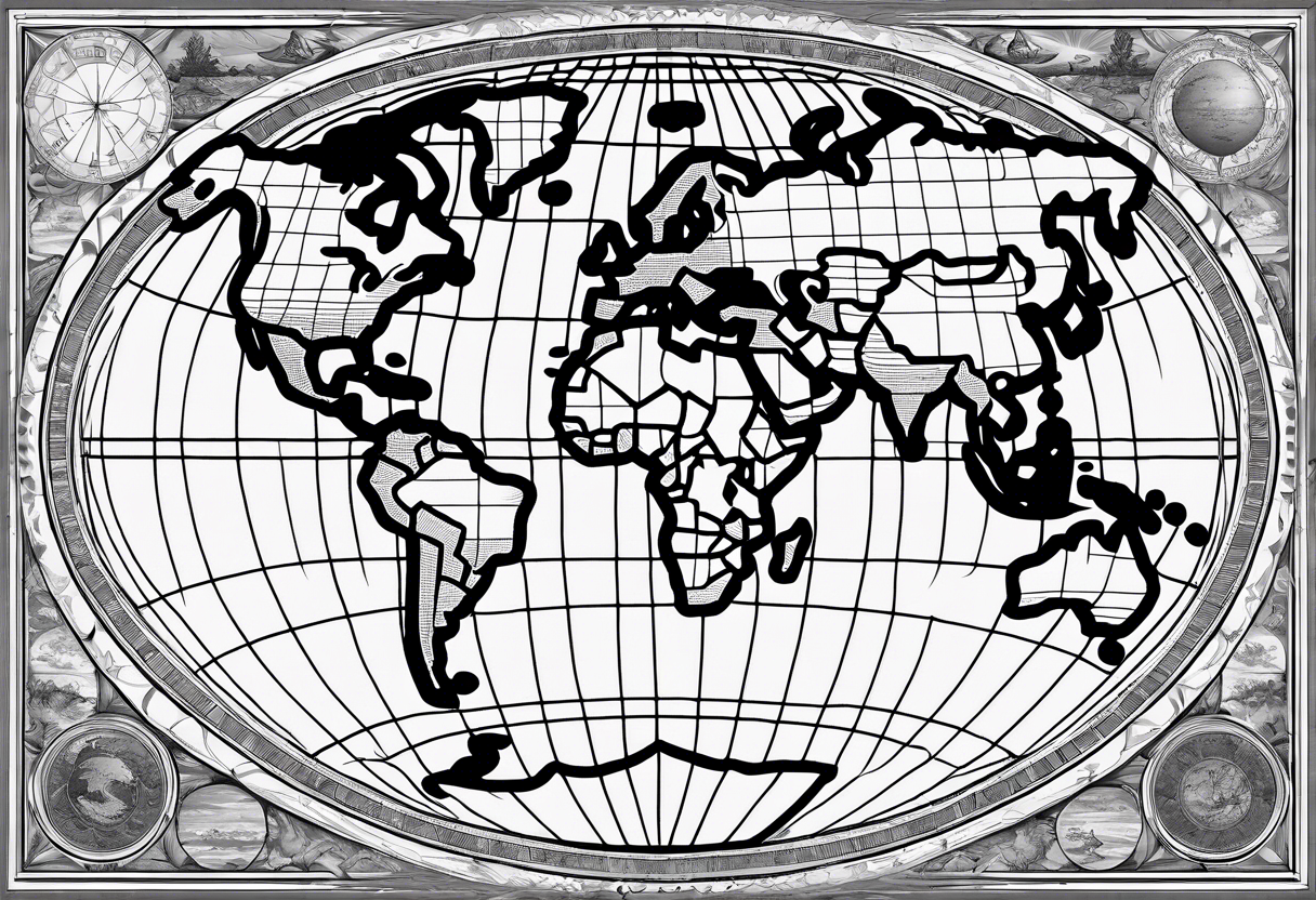 the earth on a flat map with light fading shading placed on a grid with only the lines with accurate depictions of the borders in countries while having it in an oval/circular position tattoo idea