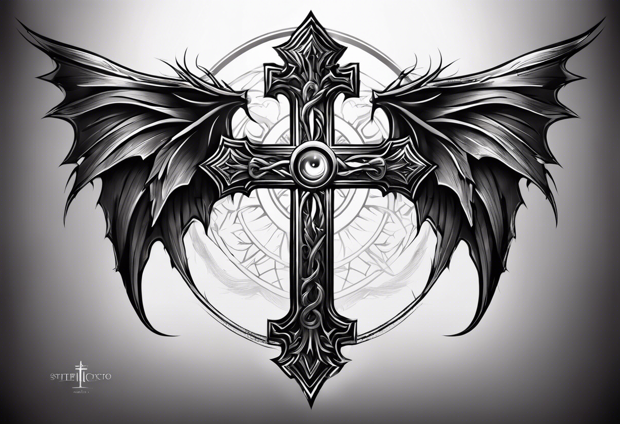 A Christian cross with sharp lower end imbedded into the ground that has roots growing from it. The cross is in the middle of two huge dragon wings. In the middle of the cross is an eye ball tattoo idea