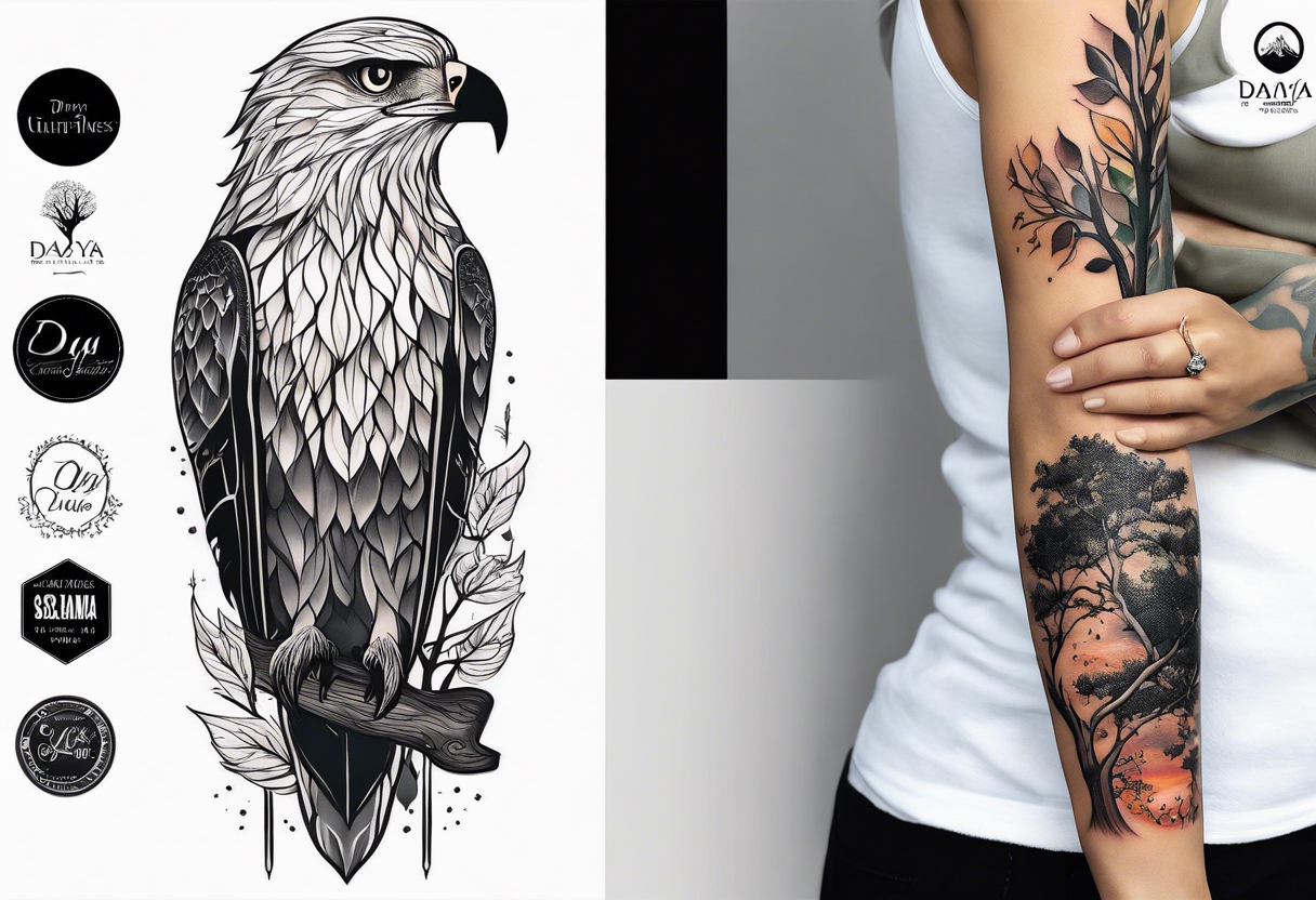 Small norma arm tattoo. Black kite (Daya's name), nature (trees/sea), small sunflower. Soft colours tattoo idea