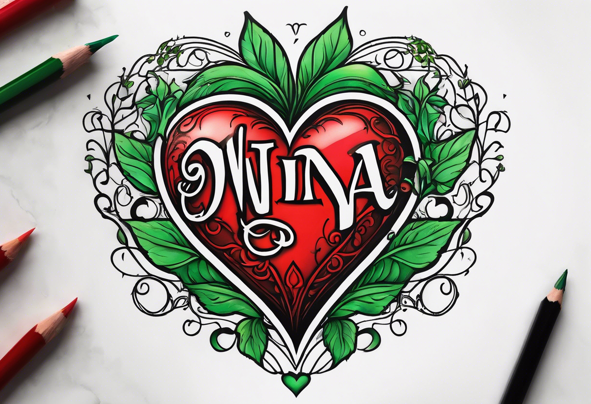 a red heart with a black outline with a green vine wrapped arround and the name nina in the middle tattoo idea