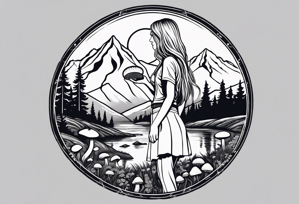 Straight long blonde hair hippie girl in distance holding mushrooms in hand facing away toward mountains and creek surrounded by mushrooms tee shirt and hiking pants; whole rendering within a circle tattoo idea