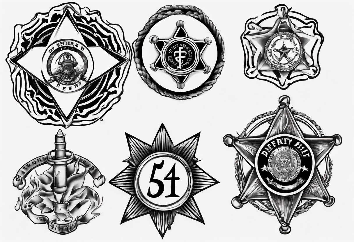 Sleeve tattoo, top is fire crest with captain bugles inside, below is 5 point deputy sheriff badge, GT45 badge number u der that a medical star of life tattoo idea