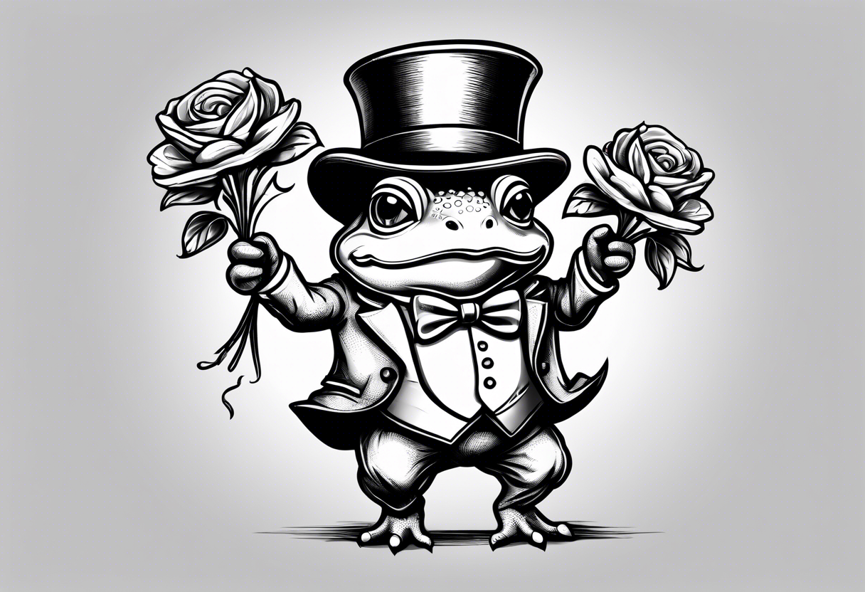 Cute toad standing on back legs  in a top hat and a formal suit holding flowers to go on a date tattoo idea