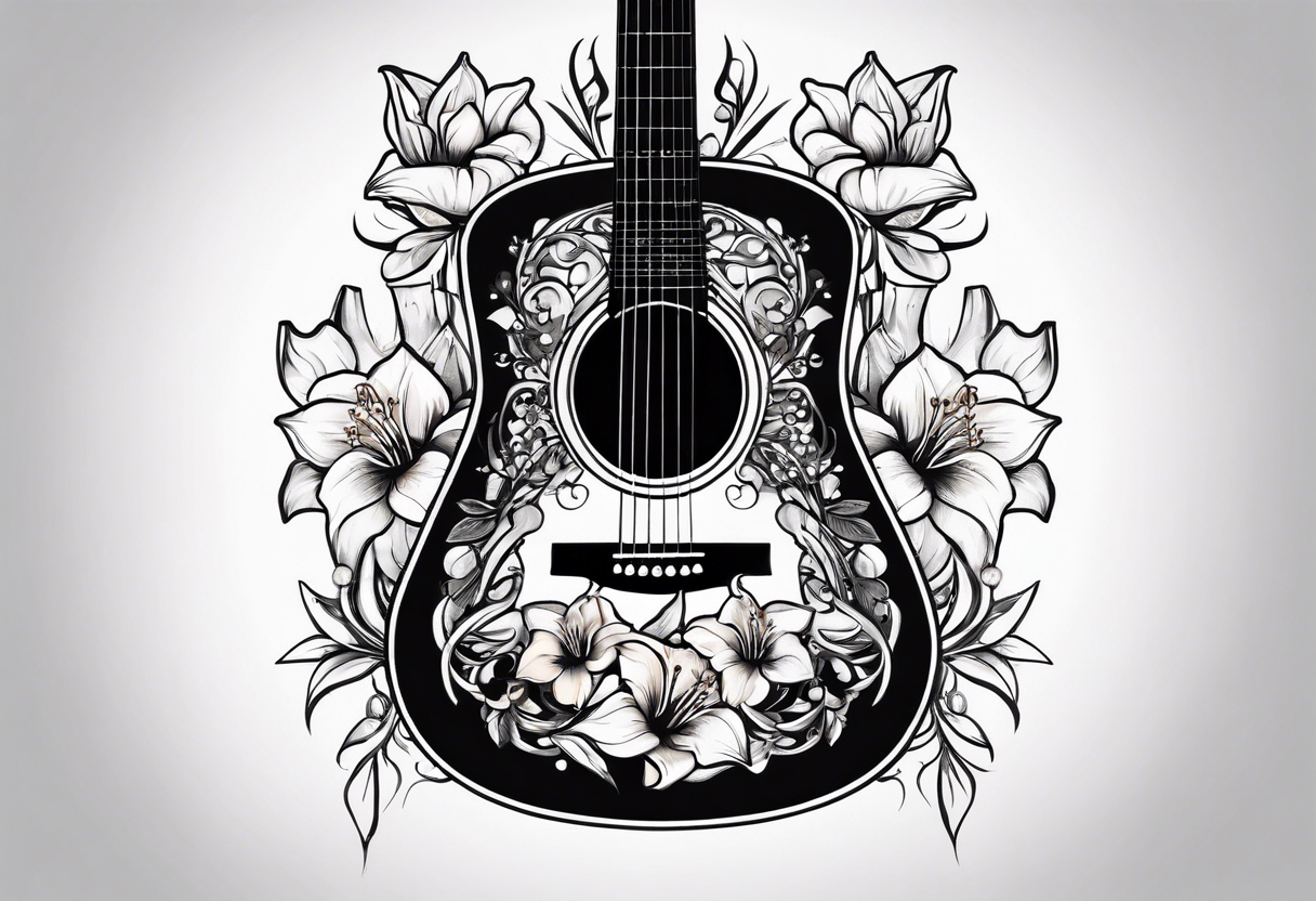 basic black acoustic guitar wrapped with lilies around the neck, with a simple black star on the guitar body. meant for the inside of a woman's bicep tattoo idea