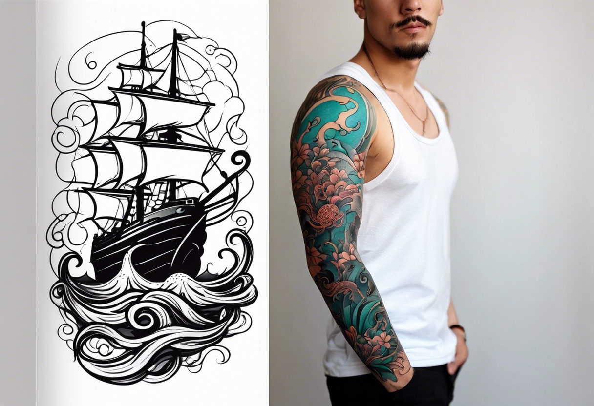 Full sleeve arm tattoo with octopus and sea scene tattoo idea