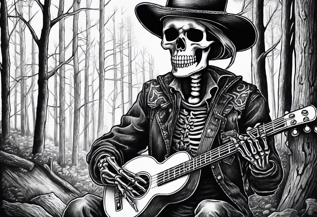 Skeleton playing banjo wearing a coal minor hat at night in the woods of west virginia around a camp fire tattoo idea