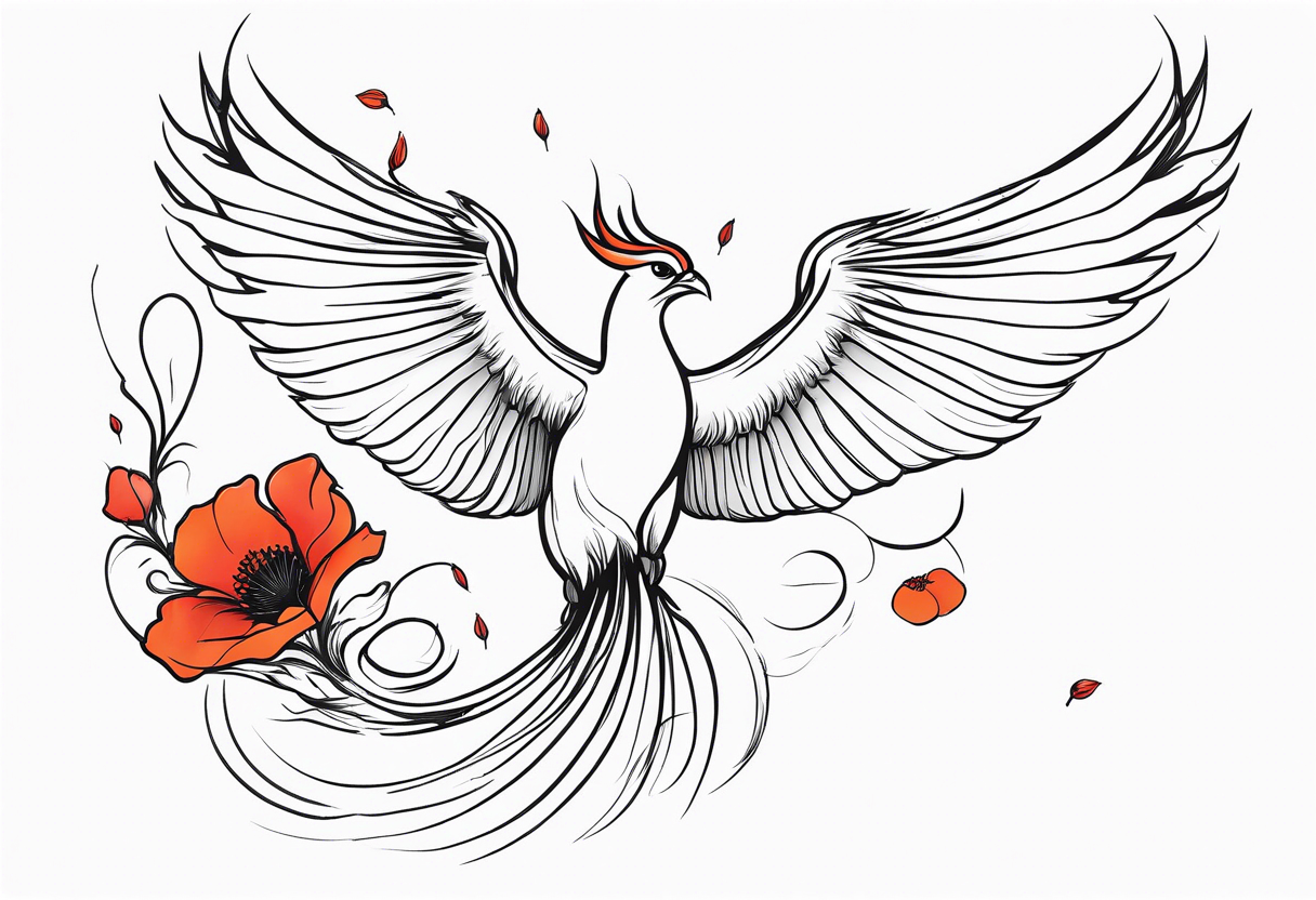 outline of phoenix in flight 
in profile long tail with claws holding poppies falling tattoo idea