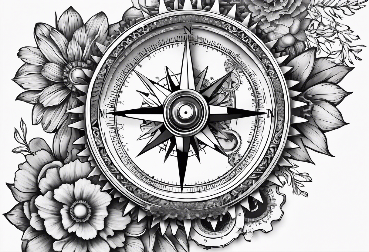 A Vintage compass with gears and marigold flower behind the compass. tattoo idea