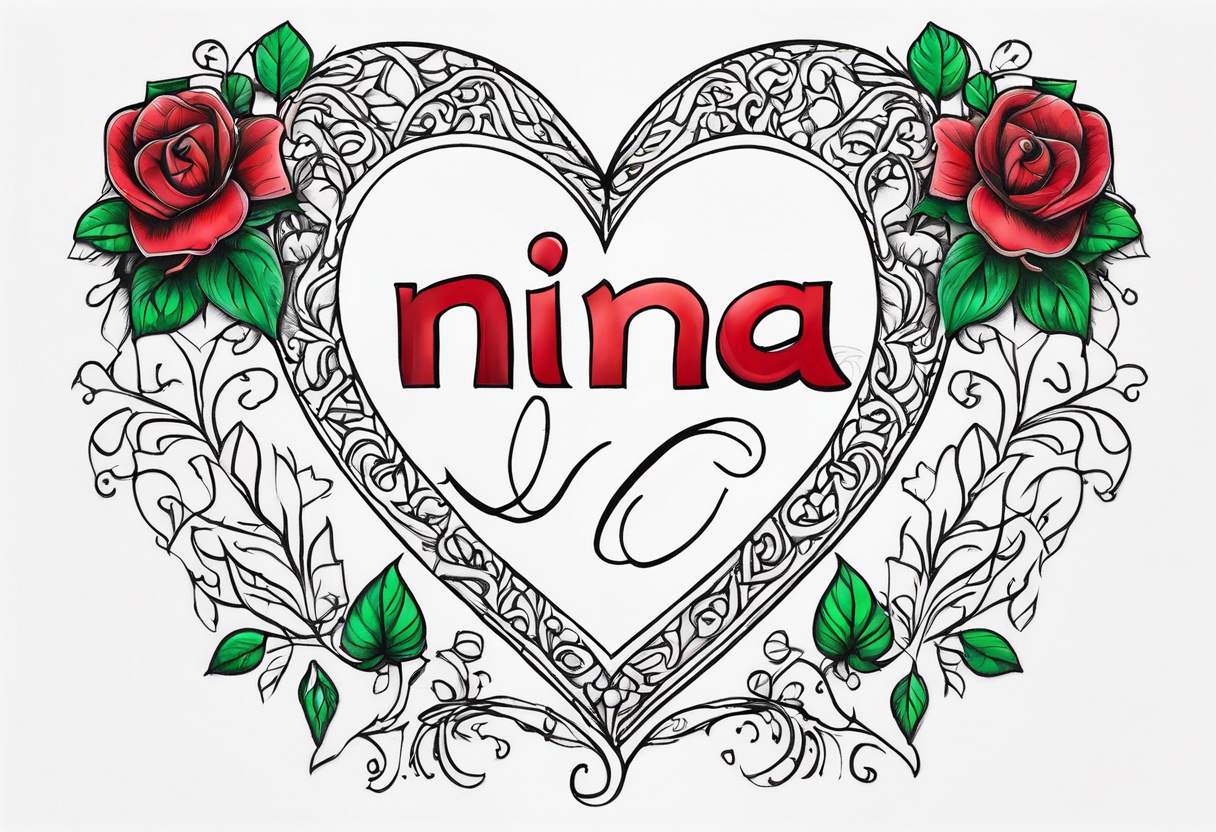 a red heart with a black outline with a green vine wrapped arround and the name nina in the middle tattoo idea