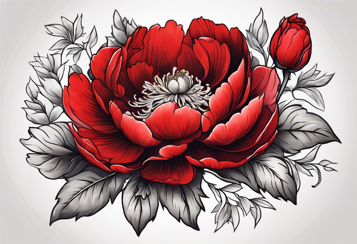 Red peony with a tiny rabbit on a petal tattoo idea