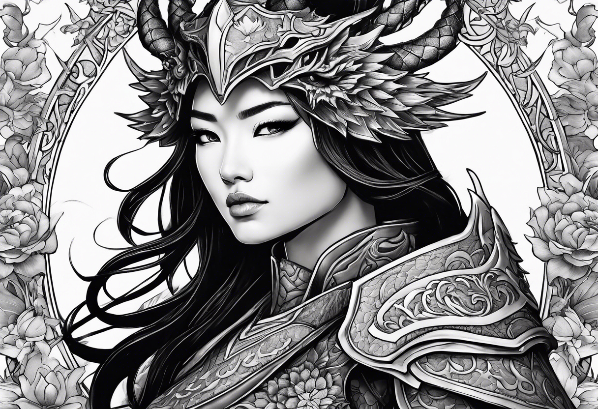 beautiful warrior woman wearing dragon armor and a floral background and a dragon a full picture tattoo idea