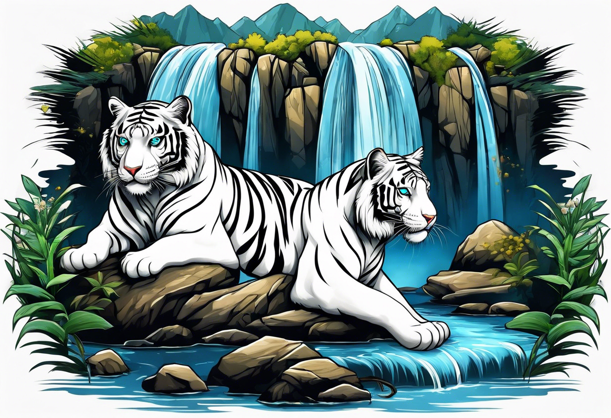 Two white tigers in nature separated by a waterfall tattoo idea