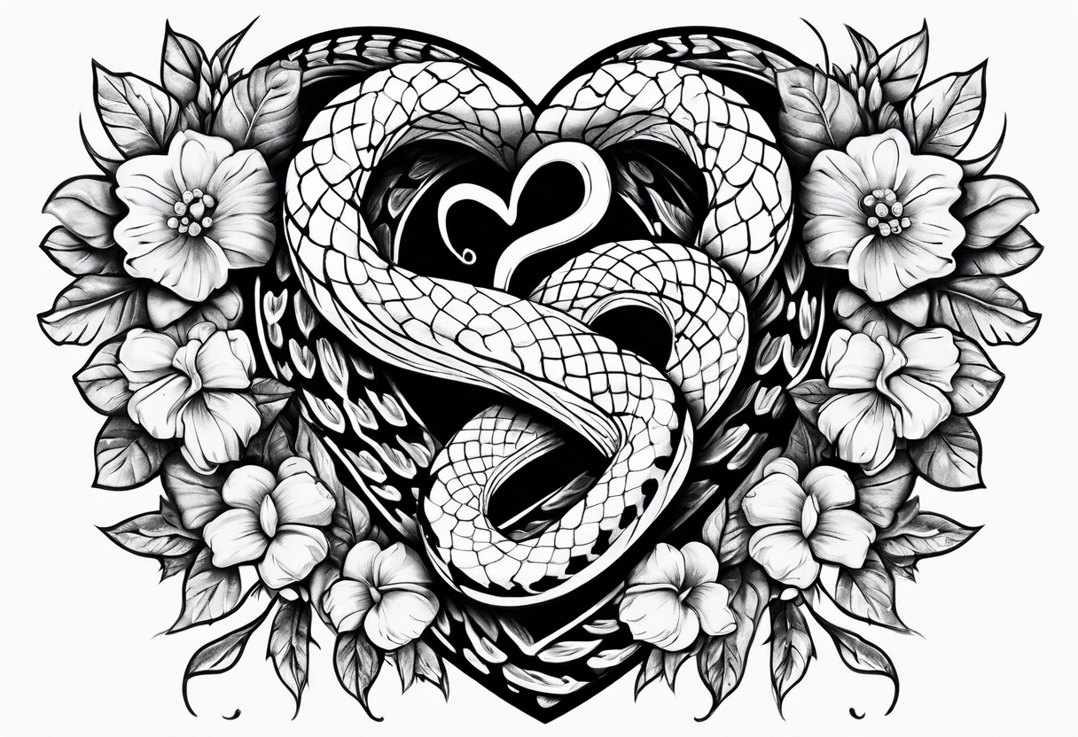 snakes wrapped around a heart with flowers tattoo idea