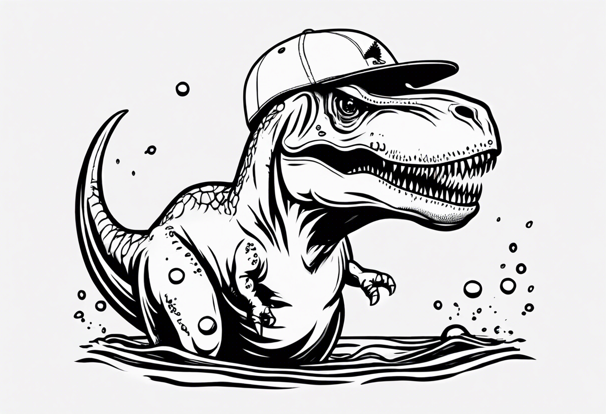 happy t rex in a pool wearing water polo cap with goal tattoo idea