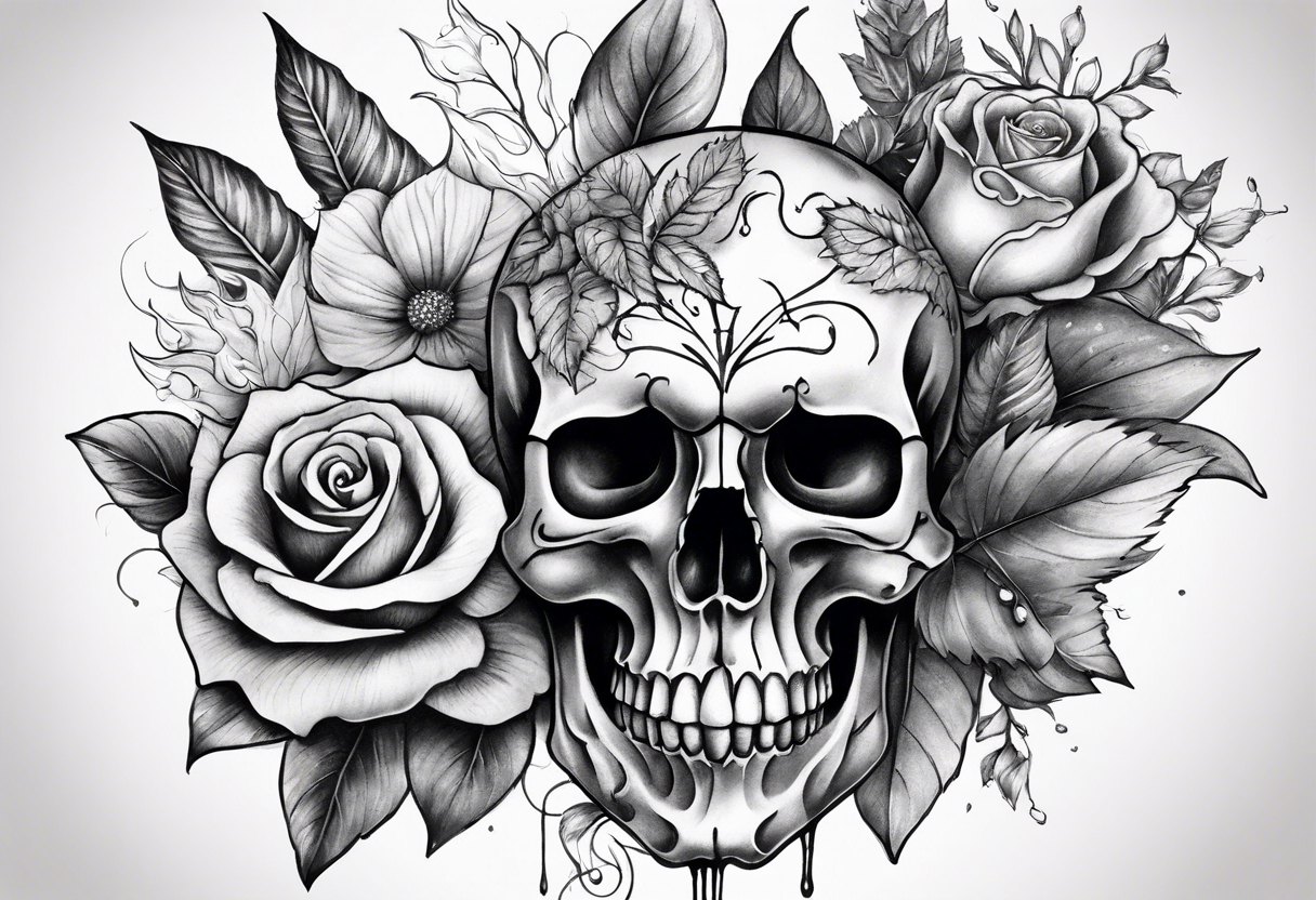 Front knee tattoo with fall colors, small flowers, rose, devil skull, leaves, blue water flows with washes and background tattoo idea