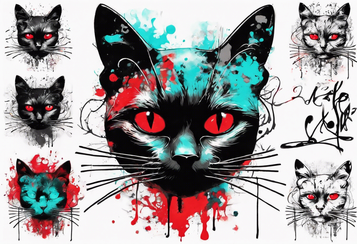 Black cat in the style of Banksy and Xoil, acquarel,  abstract, red and cyan, fractal, tattoo idea