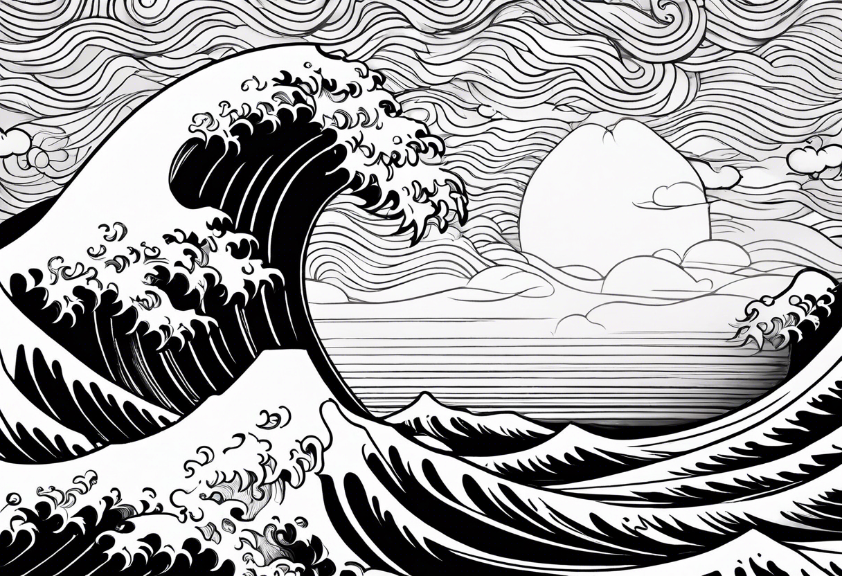 hello! can you generate me a tattoo sleeve in japanese drawing style by using these elements: waves, a cat, the sun, clouds and japanese lotus tattoo idea