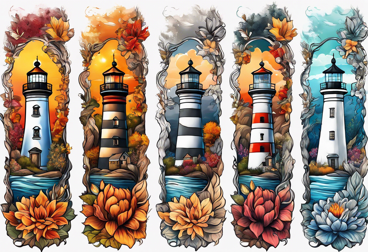 Arm sleeve with fall colors, various flowers, water flow, water splash, light house tattoo idea