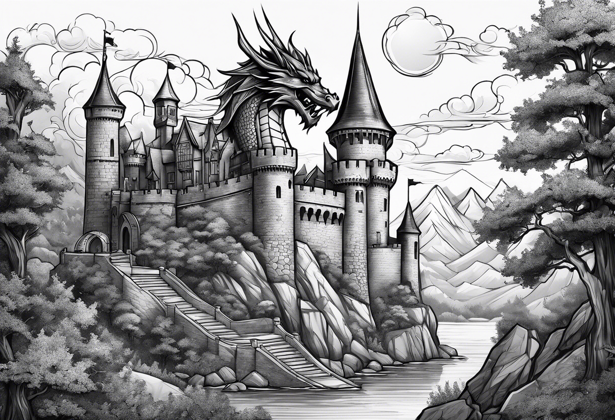 knight, dragon, castle tattoo idea