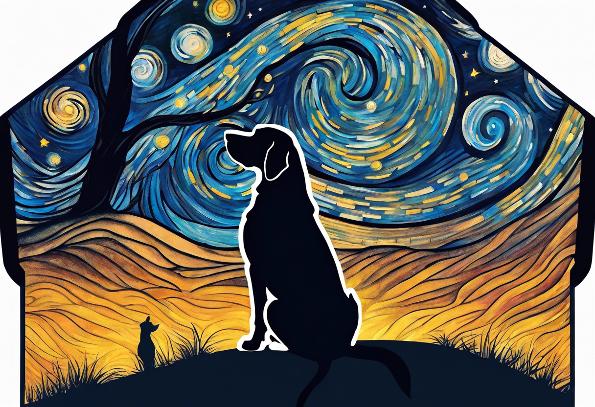 A silhouette of a beagle,and a human male looking up at Van Gogh's Starry Night. The tattoo must be twice as tall as it's width. tattoo idea