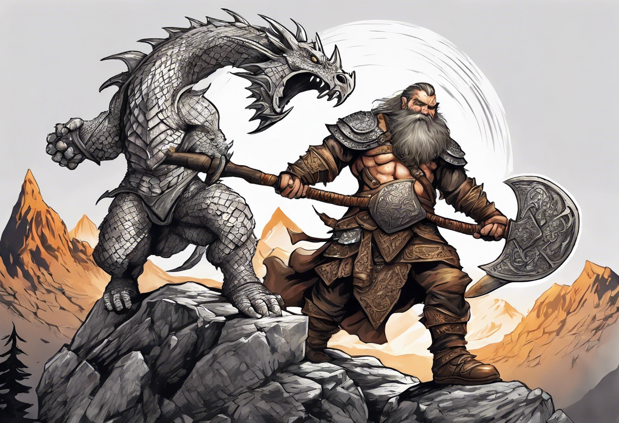 dwarven warrior with a war axe fighting against a dragon in the mountains as the sun is rising tattoo idea