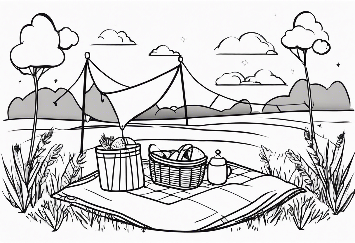 Very light and minimalstic picnic scene in nature. A blanket, picnic-basket with lid, pillows and pennants. Thin lines. tattoo idea