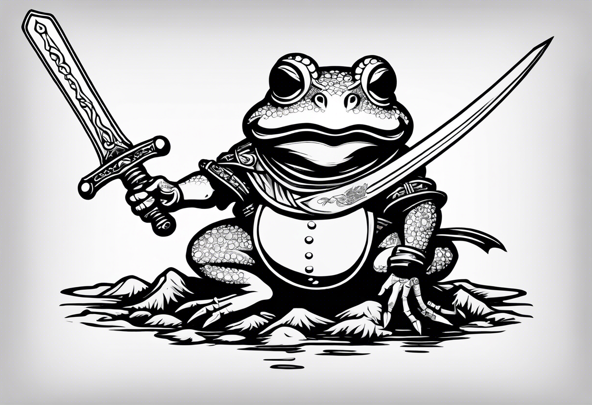 toad with sword; samurai sword Is pointing down(sword stuck in the ground) as if the toad was standing; no clothes tattoo idea