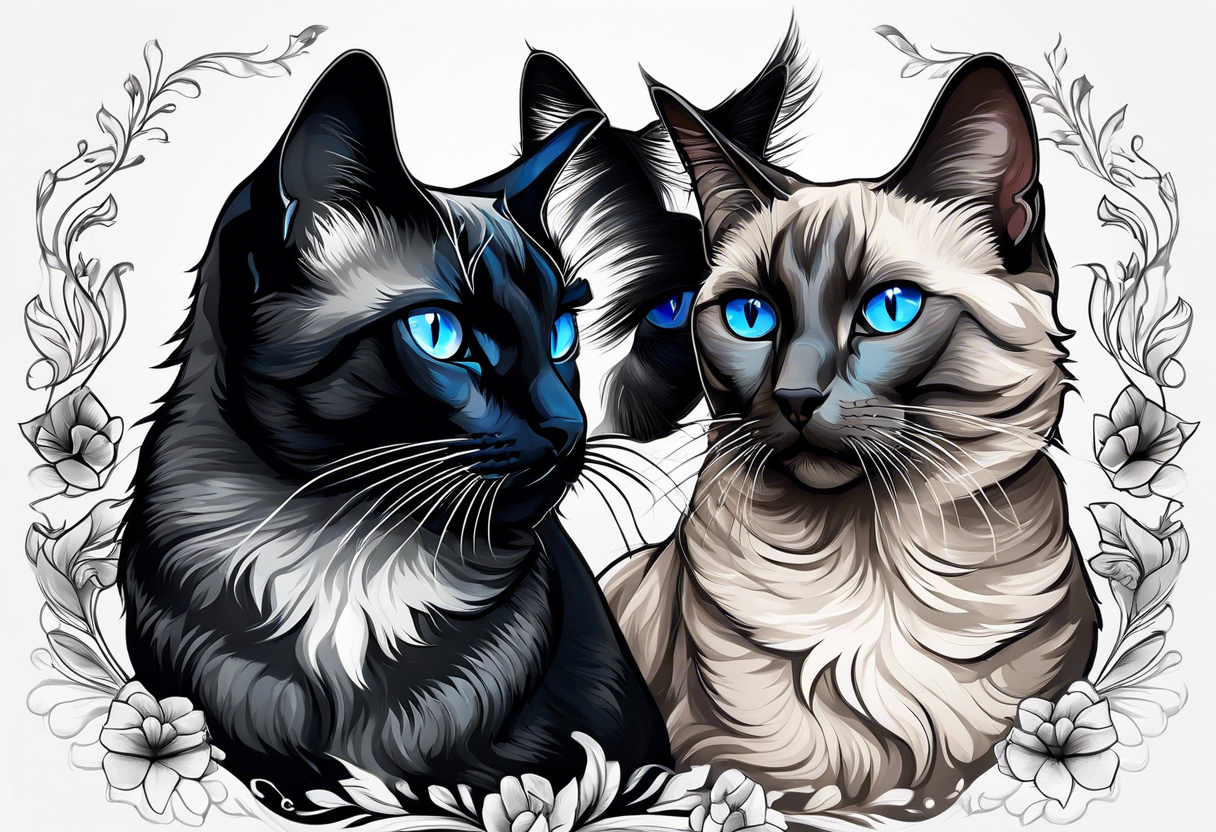 Two cats. One is medium length black and white fur, the other is a medium gray Siamese with blue eyes that are slightly crossed. tattoo idea