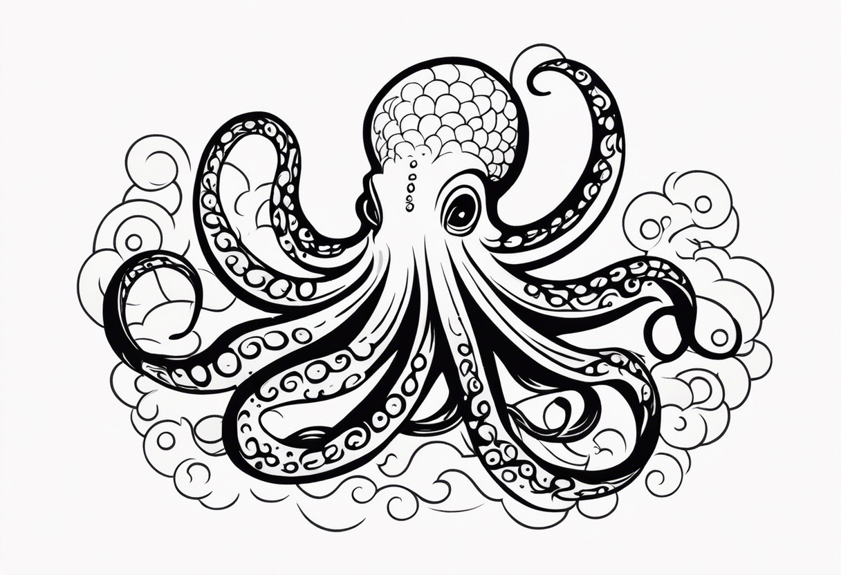 Tribal half sleeve. octopus surrounded by ribbons of water waves filled with fish. the octopus has no eyes. Use thick lines only with less detail. tattoo idea