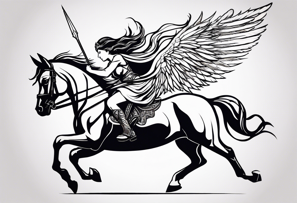 Valkyrie on winged Pegasus, flight, holding spear, looking down tattoo idea