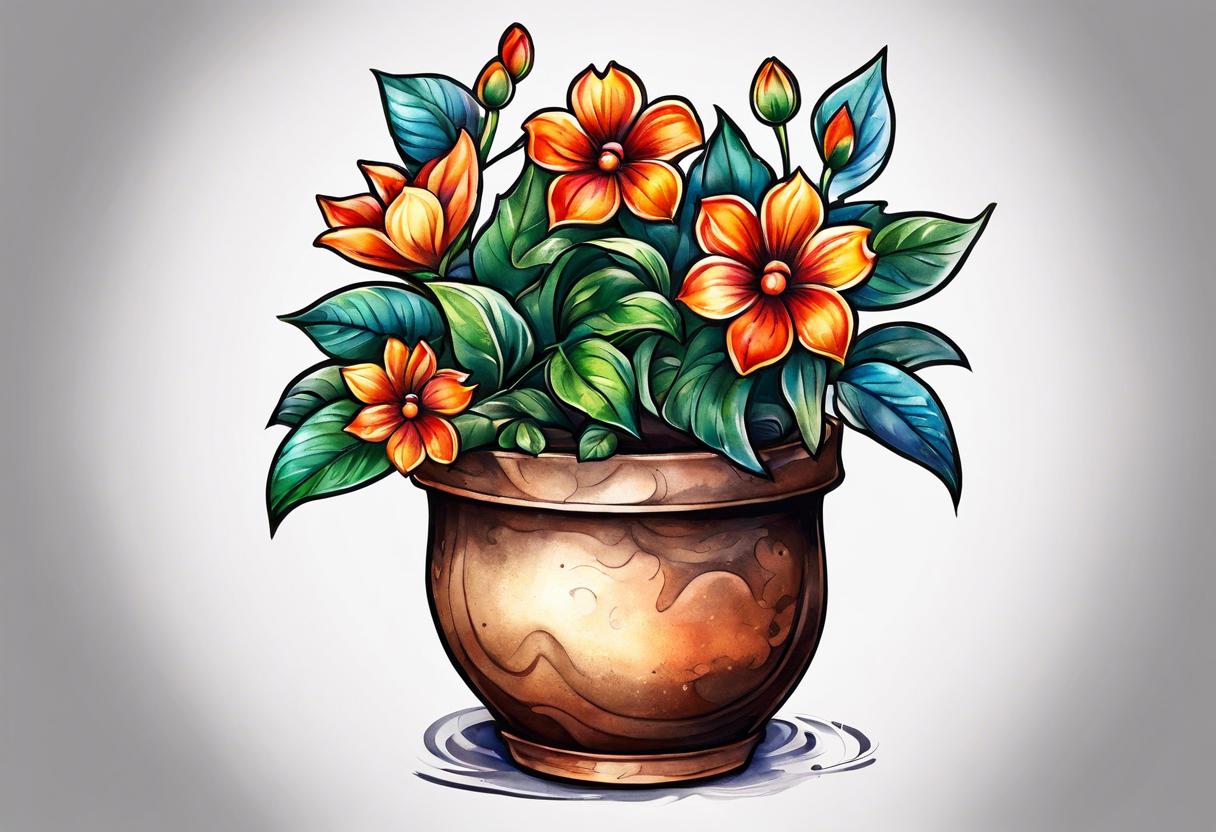 I would like a tattoo of a small-sized flower pot. Coming out of the flower pot should be the stem of a flower that has not bloomed. tattoo idea