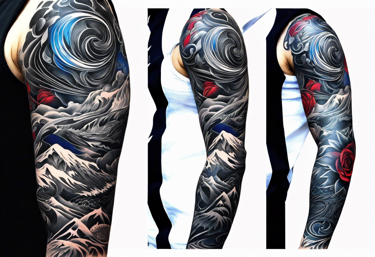 Full Arm sleeve, black, gray, silver, red, royal blue tattoo idea