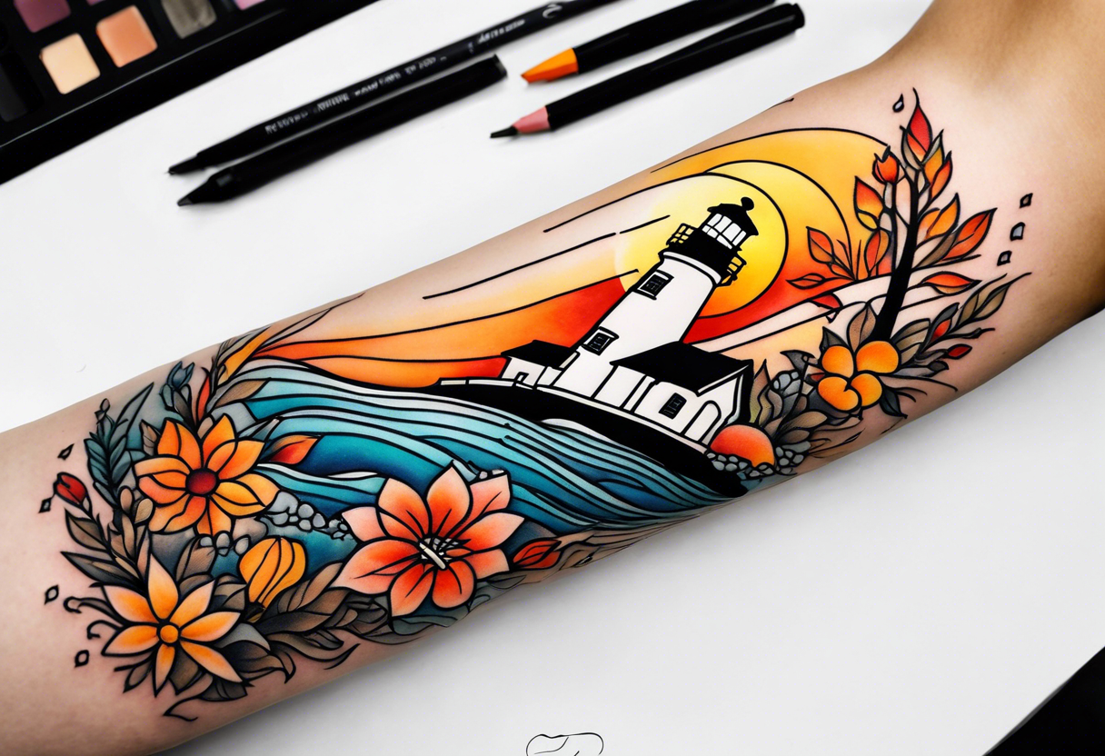 Arm sleeve with fall colors, various flowers, water flow, water splash, light house tattoo idea