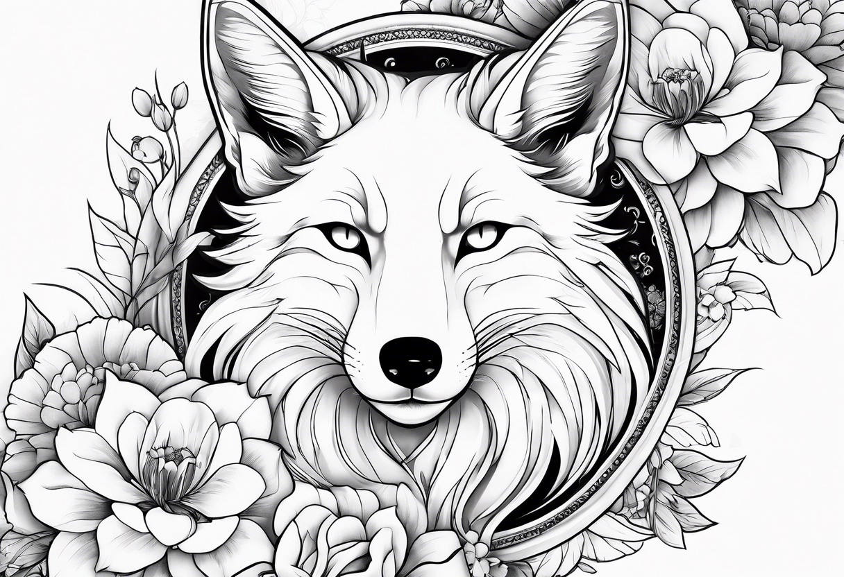 kitsune anime stiyle whit flowers tattoo idea